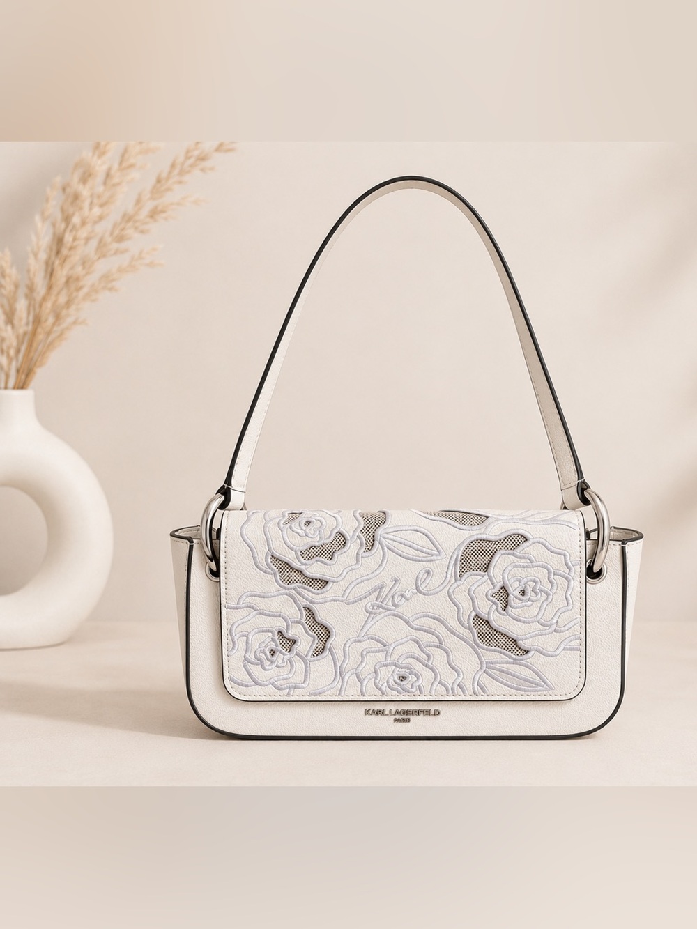 Karl Lagerfeld Cream Floral Appliqué Shoulder Bag with Black Trim